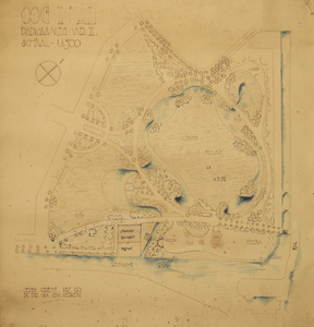 211008 Plattegrond van het park Oog in Al te Utrecht. Een groot deel van het terrein bestaat uit een speelveld omgeven ...